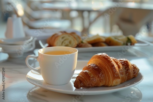 Cup of coffee and croissant on table in cafe with sunlights