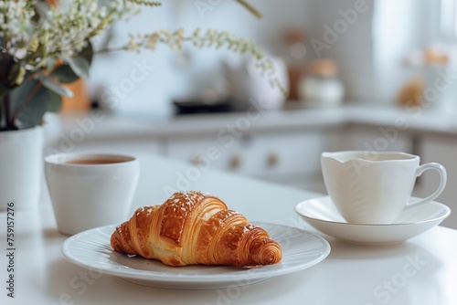 Cup of tea and croissant on white kitchen table