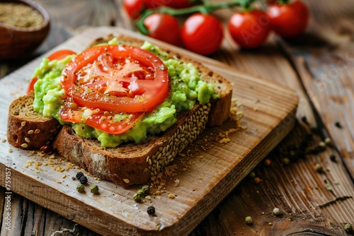 Toast bread with avocado puree and tomatoes on wooden table. Vegetarian food.