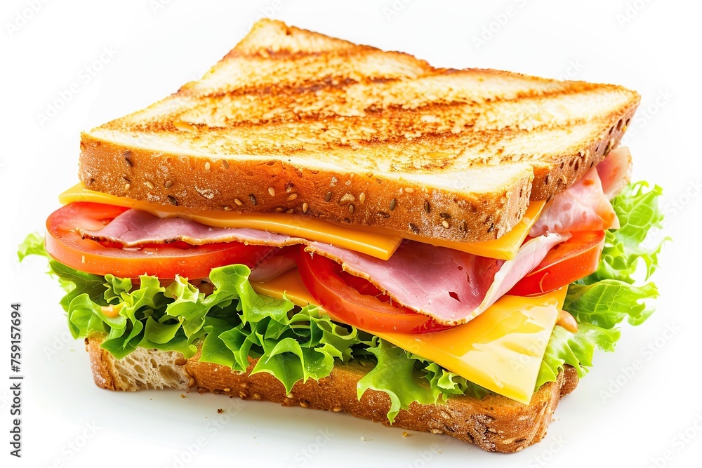 Toast sandwich with cheese, turkey ham, tomato and fresh lettuce on white background Toast sandwich with cheese, turkey ham, tomato and fresh lettuce on white background