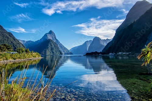 Mountains reflected in the lake in Milford Sound photo