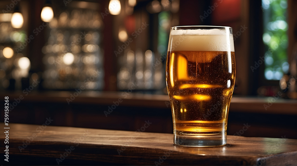 Un grand verre de bière avec de la mousse posé sur le comptoir d'un bar en bois dans une ambiance nocturne et festive