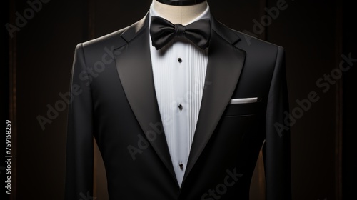 A stylish tuxedo with a dapper bow tie elegantly displayed on a mannequin
