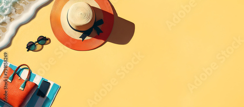 Un grand chapeau en osier, une paire de lunettes de soleil, un matelas de plage, un sac et un smartphone posés sur une plage de sable, évoquant les vacances d'été