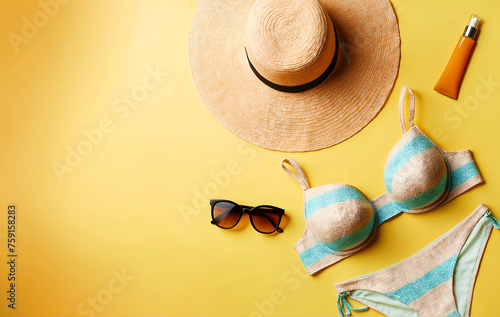 Un grand chapeau en osier, un bikini, une paire de lunettes de soleil et une crème solaire posés sur un fond jaune orangé évoquant la plage, le sable, et les vacances d'été