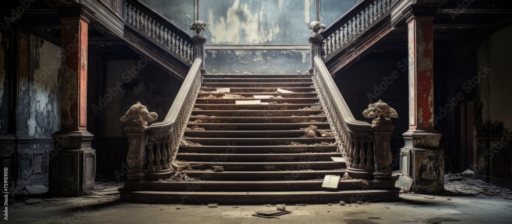 Vintage staircase in an abandoned building. 