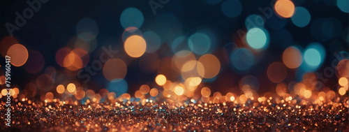 Abstract Background with Glittering Lights in Coral, Bronze, and Night Sky. Defocused Banner. photo