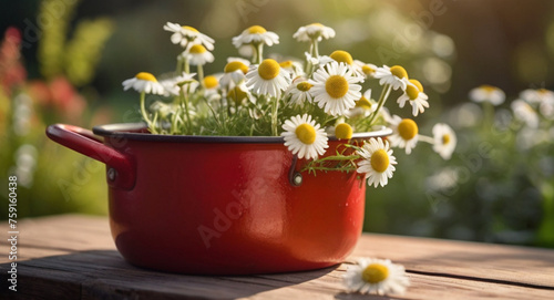 Beautiful Chamomile flowers in a pot on a rustic wooden table