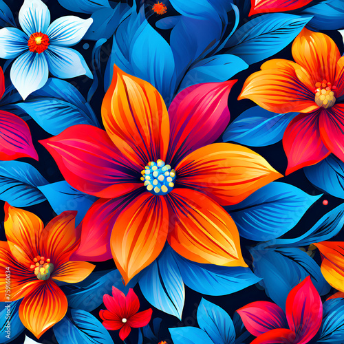 Seamless floral pattern with colorful flowers and leaves on a dark background for Abaster.