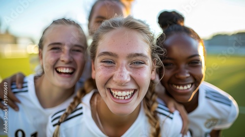 Group of young female football / soccer players celebrating victory, close up  photo