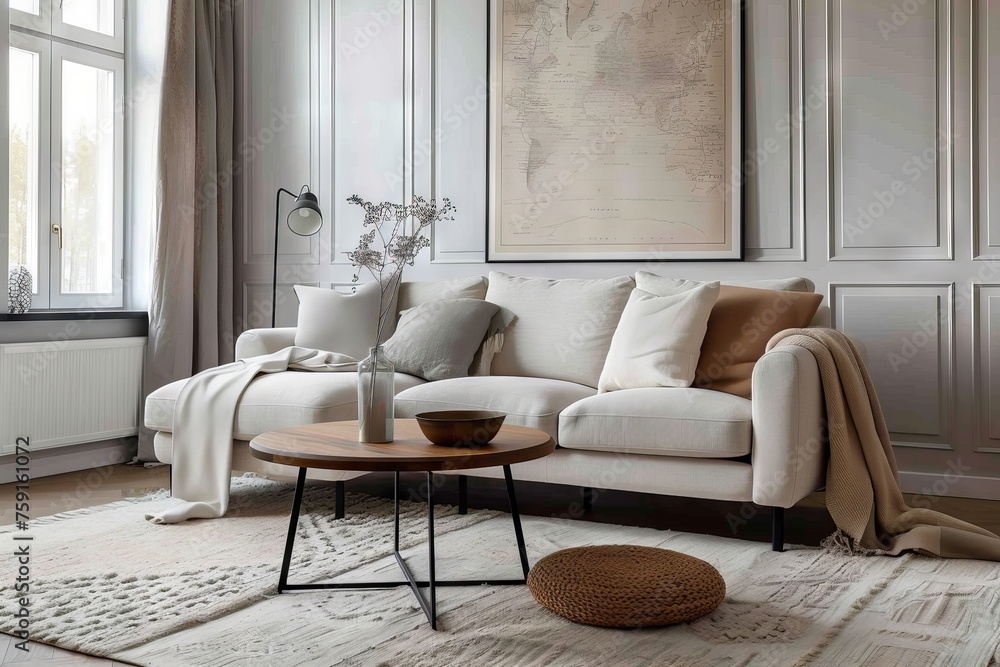 Round coffee table cozy sofa in room with classic paneling and poster. Scandinavian home interior design of modern living room - Round coffee table cozy sofa in room with classic paneling and poster. Scandinavian home interior design of modern living room -