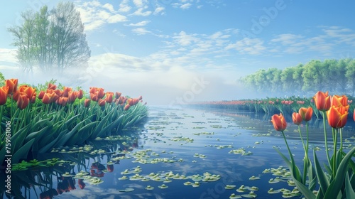 photorealistic field of tulips, a tiny bit foggy, reflections in a lalke, blue sky, morning   photo