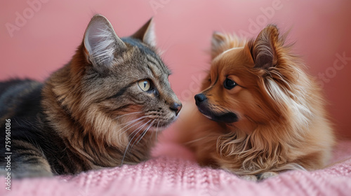 a cat and a dog playing in studio on pink background