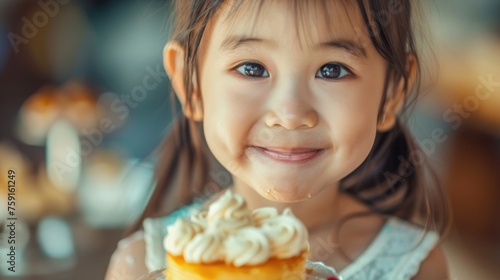Happy Asian girl holding a delicious cake in her hands. Children's happiness, holiday, birthday.