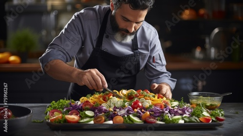 A man in an apron carefully prepares a colorful salad with fresh ingredients