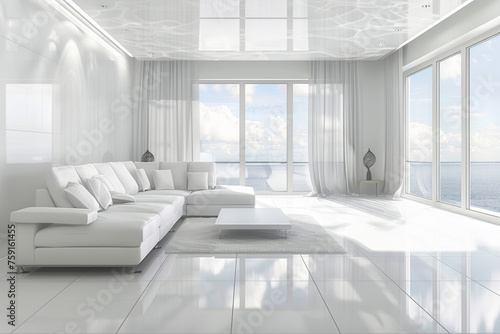 A modern living room interior with white furniture  large windows  and ocean view  bathed in natural light.