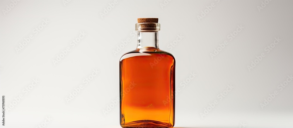 An amber glass bottle of cognac with a cork sits on the table, containing a smooth and flavorful alcoholic beverage ready to be poured into drinkware An amber glass bottle of cognac with a cork sits on the table, containing a smooth and flavorful alcoholic beverage ready to be poured into drinkware
