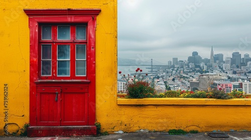 Red Building With Yellow Window and City Background