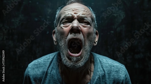 Portrait expression a grown man screaming in dark background. AI generated image