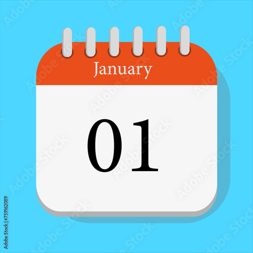 
date January 1st vector red border, blue background shadow month icon design day illustration agenda shape.