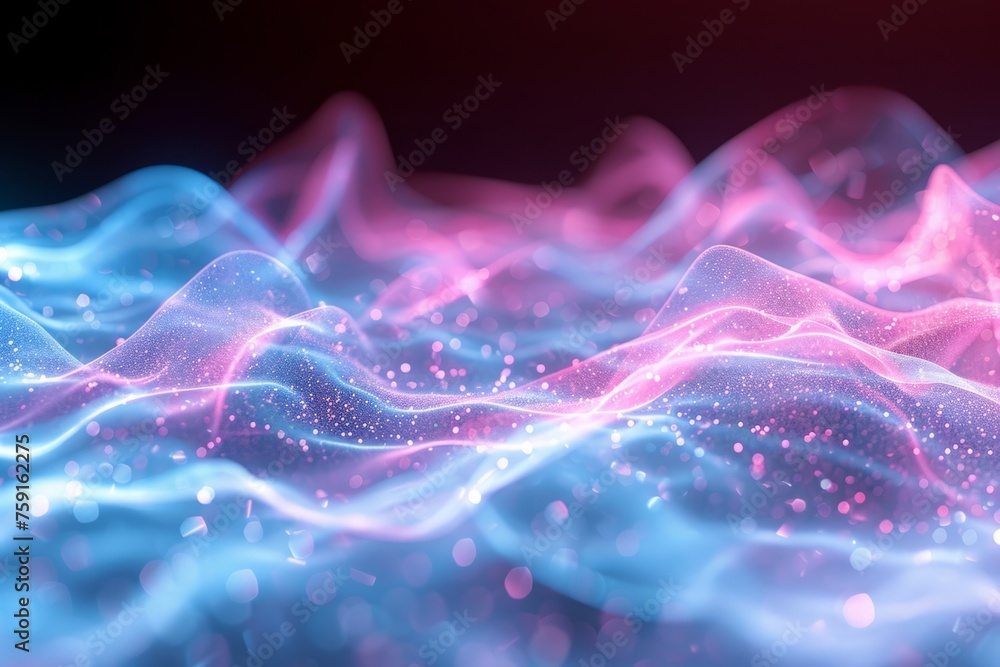 A colorful, abstract image of a pink and blue ocean with mountains in the background. The waves are wavy and the mountains are tall and jagged. Scene is one of serenity and tranquility A colorful, abstract image of a pink and blue ocean with mountains in the background. The waves are wavy and the mountains are tall and jagged. Scene is one of serenity and tranquility