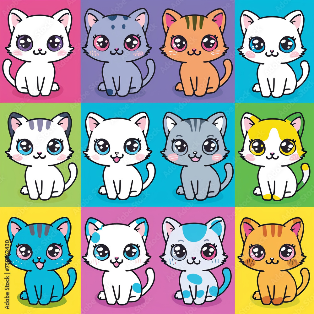A set of cute cartoon cats, each designed with a kawaii flair, featuring different breeds and vibrant colors сreated with Generative Ai A set of cute cartoon cats, each designed with a kawaii flair, featuring different breeds and vibrant colors сreated with Generative Ai