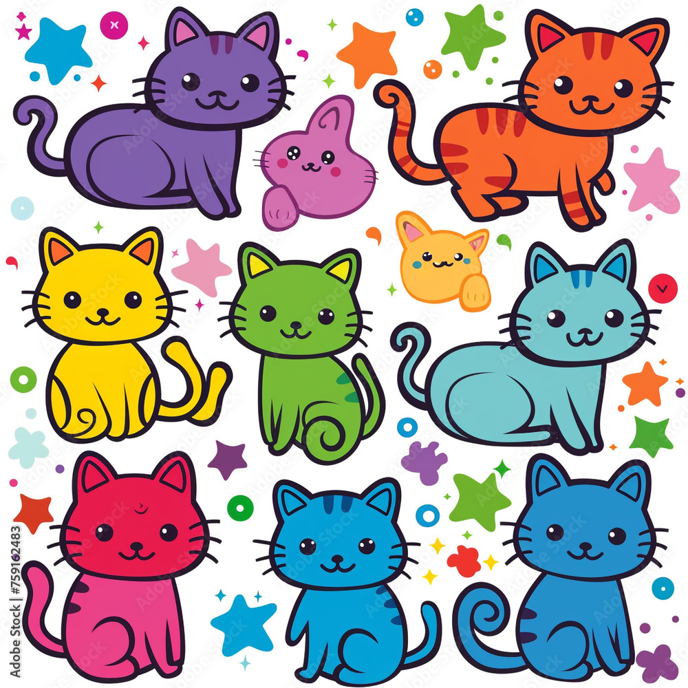 A set of cute cartoon cats, each designed with a kawaii flair, featuring different breeds and vibrant colors сreated with Generative Ai A set of cute cartoon cats, each designed with a kawaii flair, featuring different breeds and vibrant colors сreated with Generative Ai