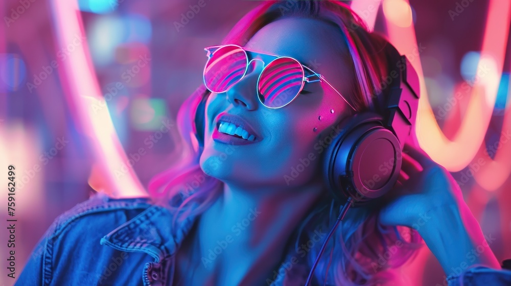 Portrait of happy pretty woman listening to music with headphones with cyberpunk style. AI generated