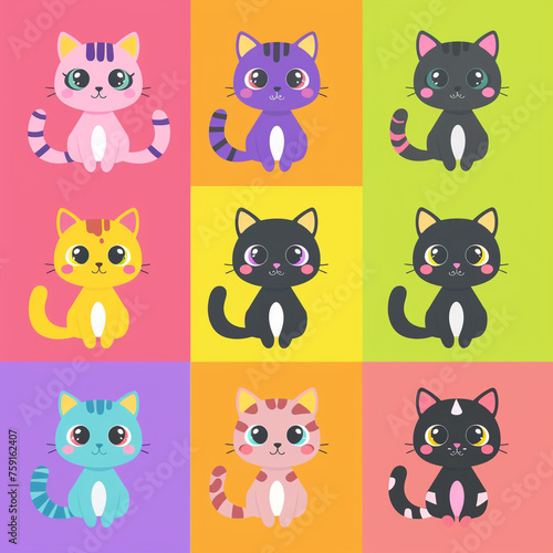 A set of cute cartoon cats  each designed with a kawaii flair  featuring different breeds and vibrant colors   reated with Generative Ai