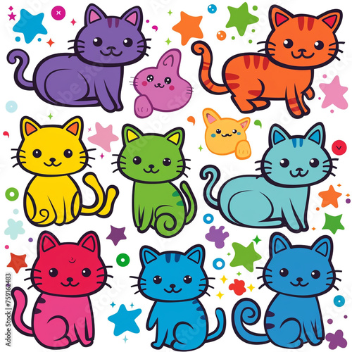 A set of cute cartoon cats  each designed with a kawaii flair  featuring different breeds and vibrant colors   reated with Generative Ai