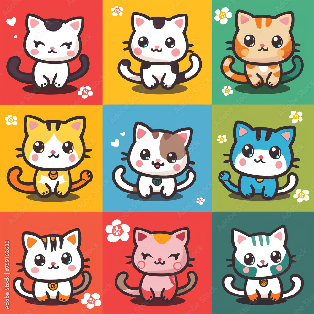 A set of cute cartoon cats, each designed with a kawaii flair, featuring different breeds and vibrant colors сreated with Generative Ai A set of cute cartoon cats, each designed with a kawaii flair, featuring different breeds and vibrant colors сreated with Generative Ai