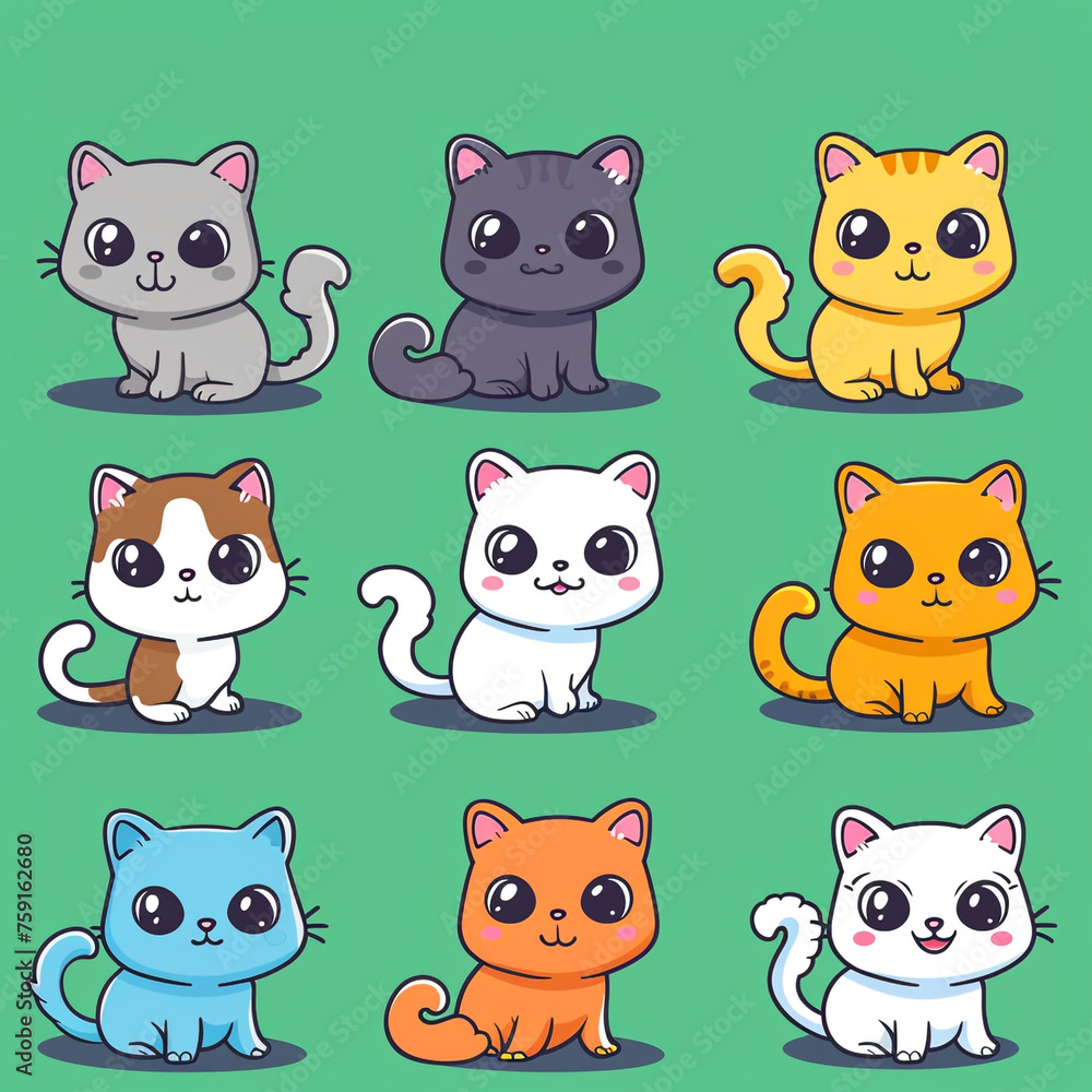 A set of cute cartoon cats, each designed with a kawaii flair, featuring different breeds and vibrant colors сreated with Generative Ai A set of cute cartoon cats, each designed with a kawaii flair, featuring different breeds and vibrant colors сreated with Generative Ai