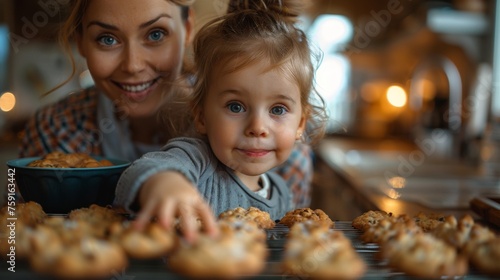 A child carefully watching the oven window, waiting for cookies to bake, with mom explaining the process. 
