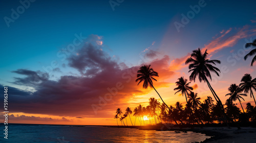 a sunset over a body of water with palm trees