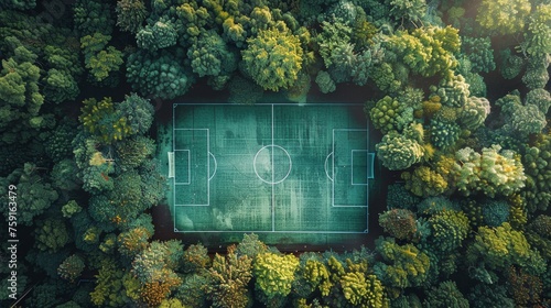 Aerial View of Soccer Field Surrounded by Trees