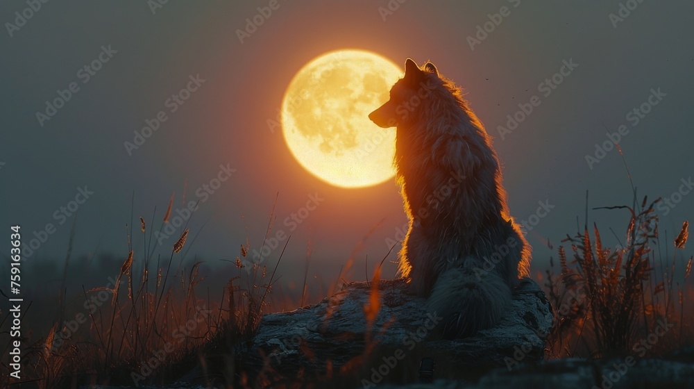Dog Sitting on Rock in Front of Full Moon - obrazy, fototapety, plakaty 