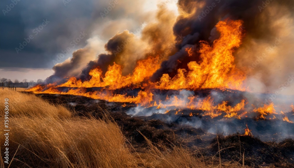 A wildfire is aggressively consuming a field filled with dry grass