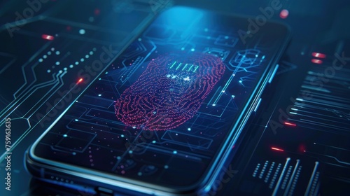 Smartphone with digital technology biometric security screen graphic. AI generated
