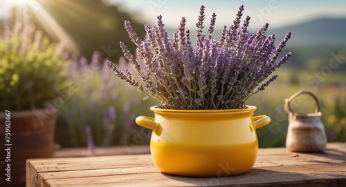 Beautiful Lavender flowers in a pot on a rustic wooden table photo