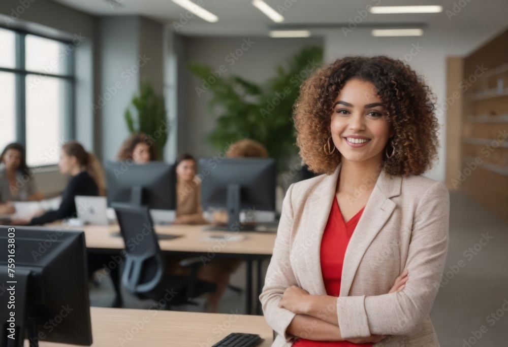 Confident curly-haired businesswoman with a welcoming smile, standing in an office with her team in the background.