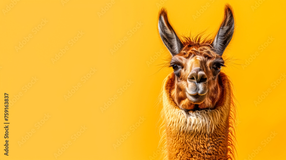 Fototapeta premium Amused llama on vibrant yellow background, copy space
