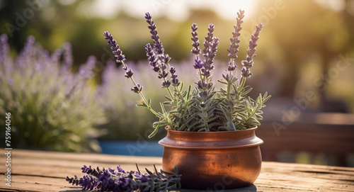 Beautiful Lavender flowers in a pot on a rustic wooden table photo