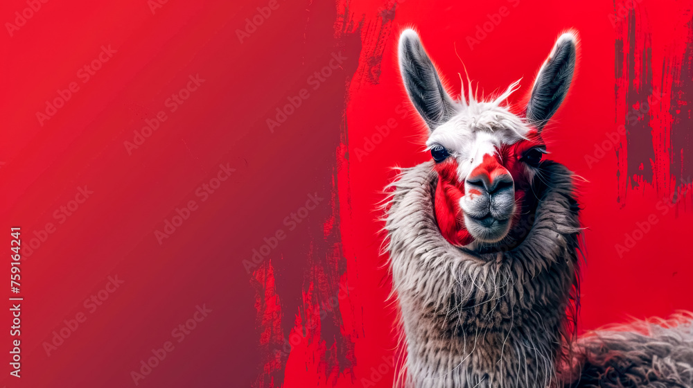 Fototapeta premium Colorful llama portrait on red background