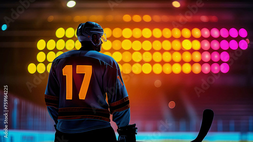 Ice hockey player on a rink in front of bright lights photo