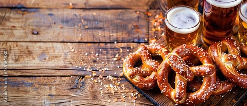 A table with a bunch of pretzels and a couple of beer glasses. The pretzels are sprinkled with sesame seeds. Oktoberfest Concept photo
