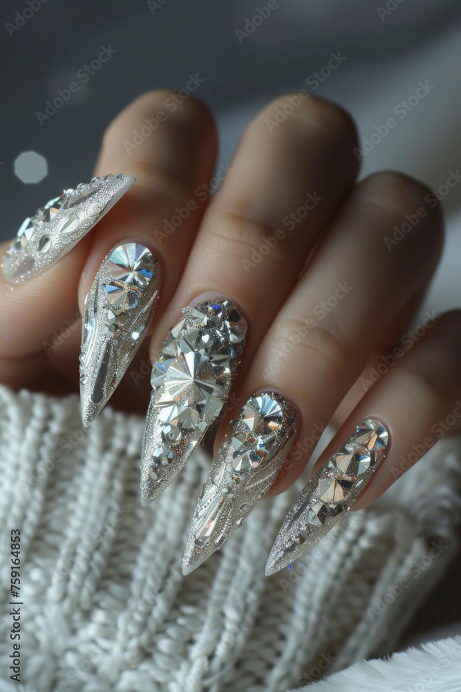 Diamond Inspired Nail Art, Ultra Detailed, 3 Diamond Cuts on Nail, Oval, Sharp Shape, Stylish, High Shine Diamond Inspired Nail Art, Ultra Detailed, 3 Diamond Cuts on Nail, Oval, Sharp Shape, Stylish, High Shine