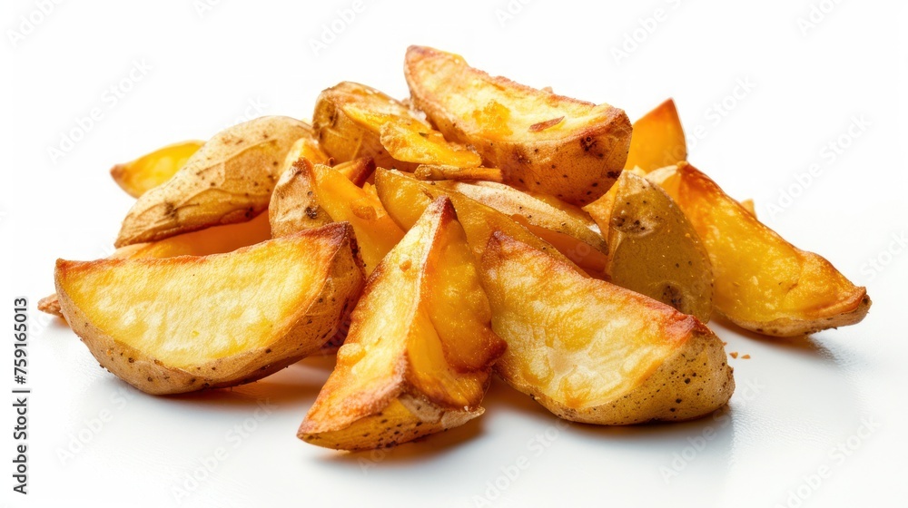 Tasty golden color fried potato wedges isolated on white background. AI generated image Tasty golden color fried potato wedges isolated on white background. AI generated image