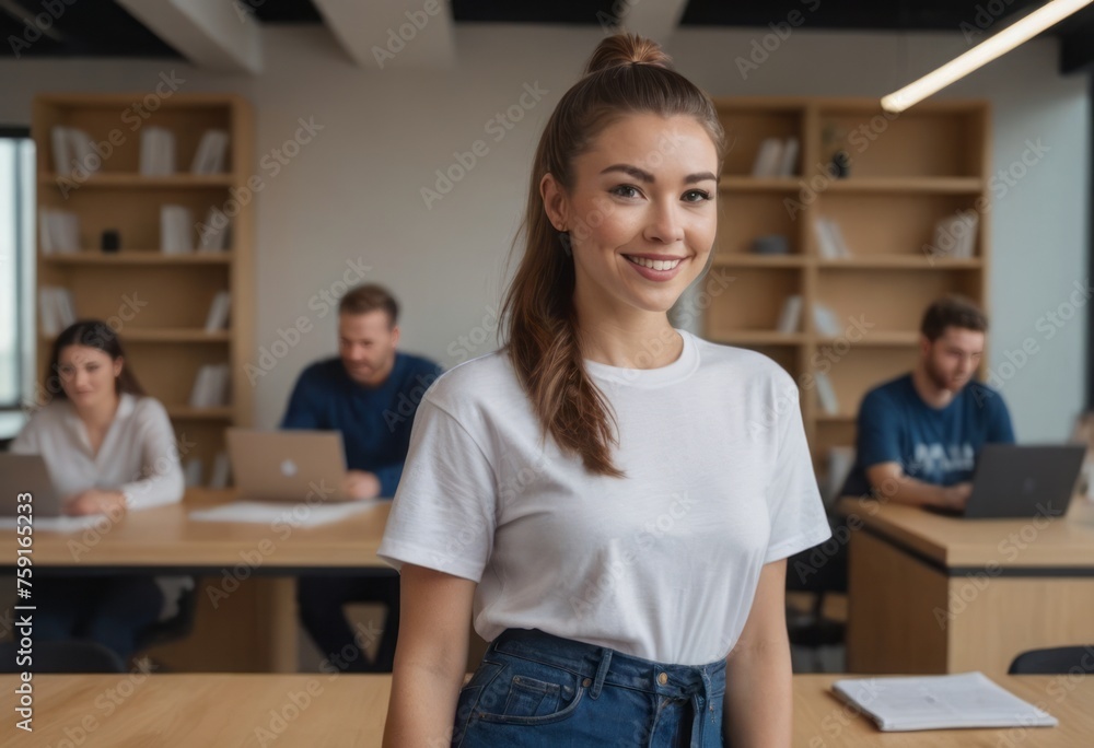 A confident young woman standing in a classroom with peers in the background. She displays a friendly and assured demeanor.