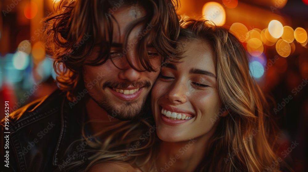 Portrait of a young techno party people couple , slightly smiling. In the background street at night, strong motion blur. Portrait of a young techno party people couple , slightly smiling. In the background street at night, strong motion blur.