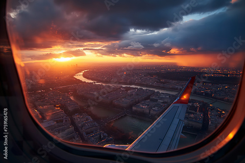 A stunning view of a sunset over the Paris cityscape as seen from an airplane window. © Joaquin Corbalan